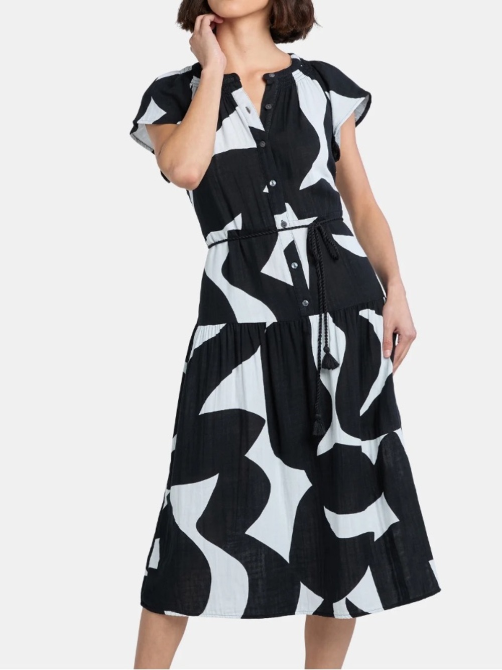 Black & White Patterned Button-Front Maxi Dress